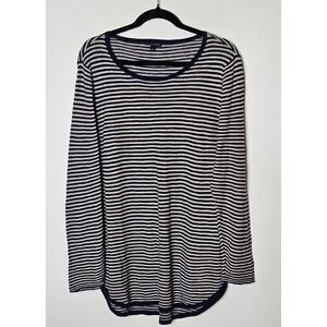 Eileen‎ Fisher Linen Blend Womens Lrg Striped Navy Gray Long Sleeve Top Casual